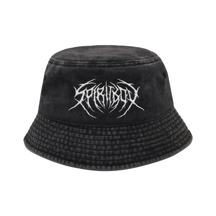 A Spiritbox pigment black bucket hat with a white death metal-style logo in an edgy font embroidered on the front, shown against a plain white background.