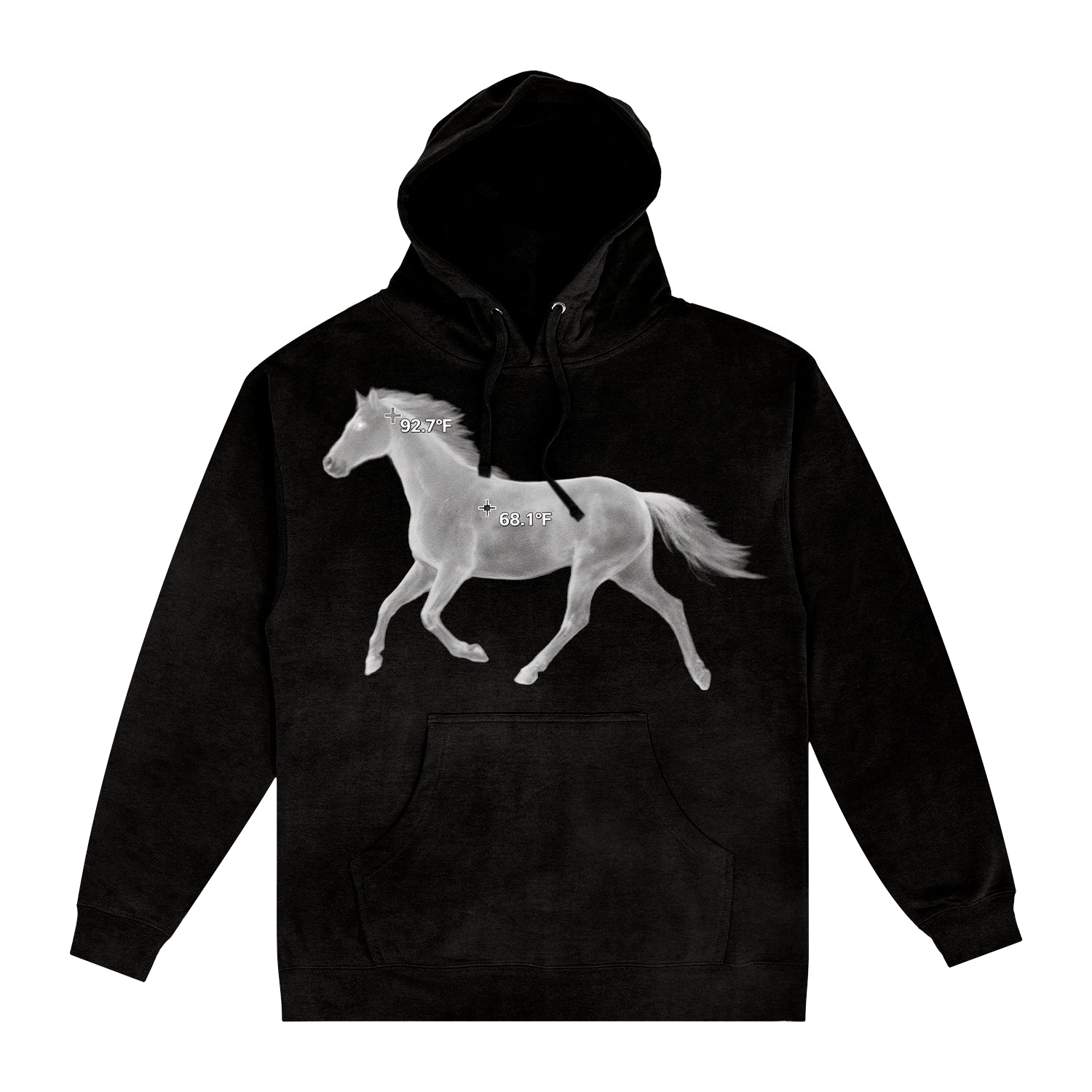 The SIIICKBRAIN Black Pullover hoodie features a large, detailed white horse graphic in mid-stride on the front, with small white text on the horse’s neck and torso.
