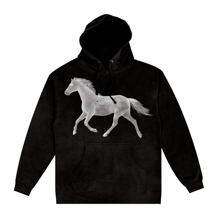 The SIIICKBRAIN Black Pullover hoodie features a large, detailed white horse graphic in mid-stride on the front, with small white text on the horse’s neck and torso.