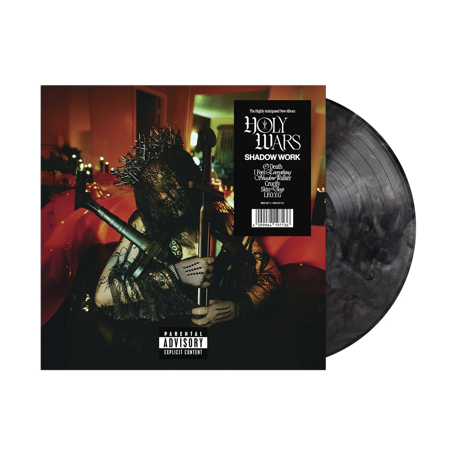 A grayscale marbled limited edition vinyl by Holy Wars partially slides from its cover, which shows a darkly dressed, spiked figure with flowers amid candles and shadows. The text reads "Holy Wars SHADOW WORK/LIGHT WORK" with a parental advisory label.