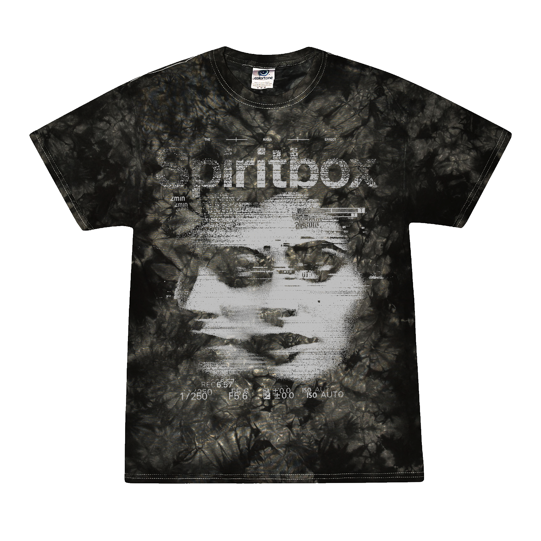 The Spiritbox Crystal Wash T-Shirt in black tie-dye showcases Spiritbox above a glitch-style grayscale face and graphics. Made from heavyweight cotton, it offers a unique abstract, grunge look with bold branded design.