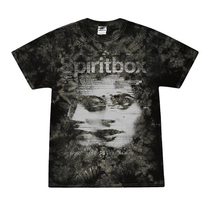 The Spiritbox Crystal Wash T-Shirt in black tie-dye showcases Spiritbox above a glitch-style grayscale face and graphics. Made from heavyweight cotton, it offers a unique abstract, grunge look with bold branded design.