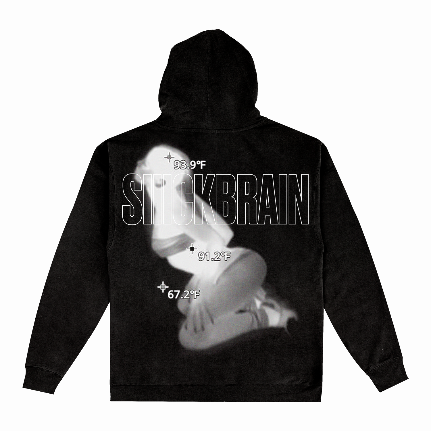 The SIIICKBRAIN black pullover hoodie showcases a grayscale heat-map image of a kneeling figure and bold, transparent “SICKBRAIN” text on the back—an edgy twist on the classic hoodie for standout style.