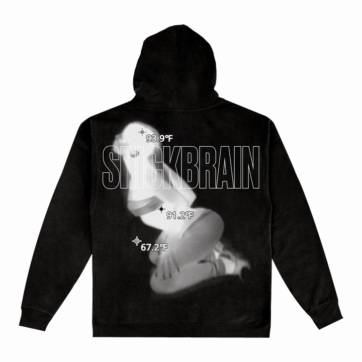 The SIIICKBRAIN black pullover hoodie showcases a grayscale heat-map image of a kneeling figure and bold, transparent “SICKBRAIN” text on the back—an edgy twist on the classic hoodie for standout style.