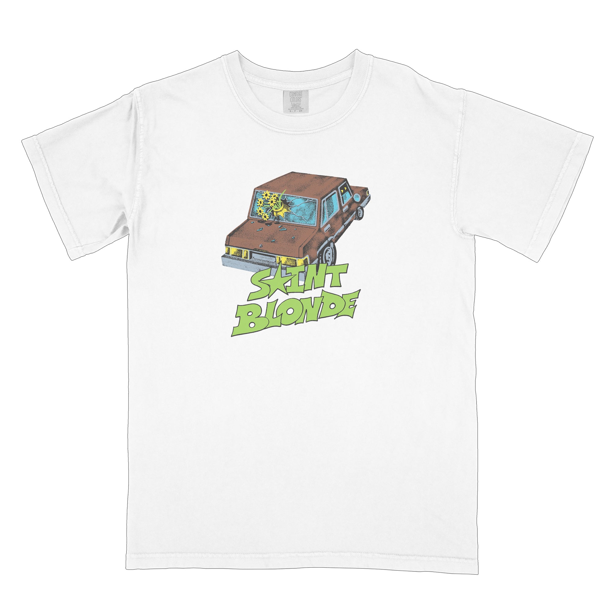 Saint Blonde white t-shirt made from Comfort Colors, showcasing a brown car with a broken rear window and "SAINT BLONDE" in bold light green text beneath the illustration.