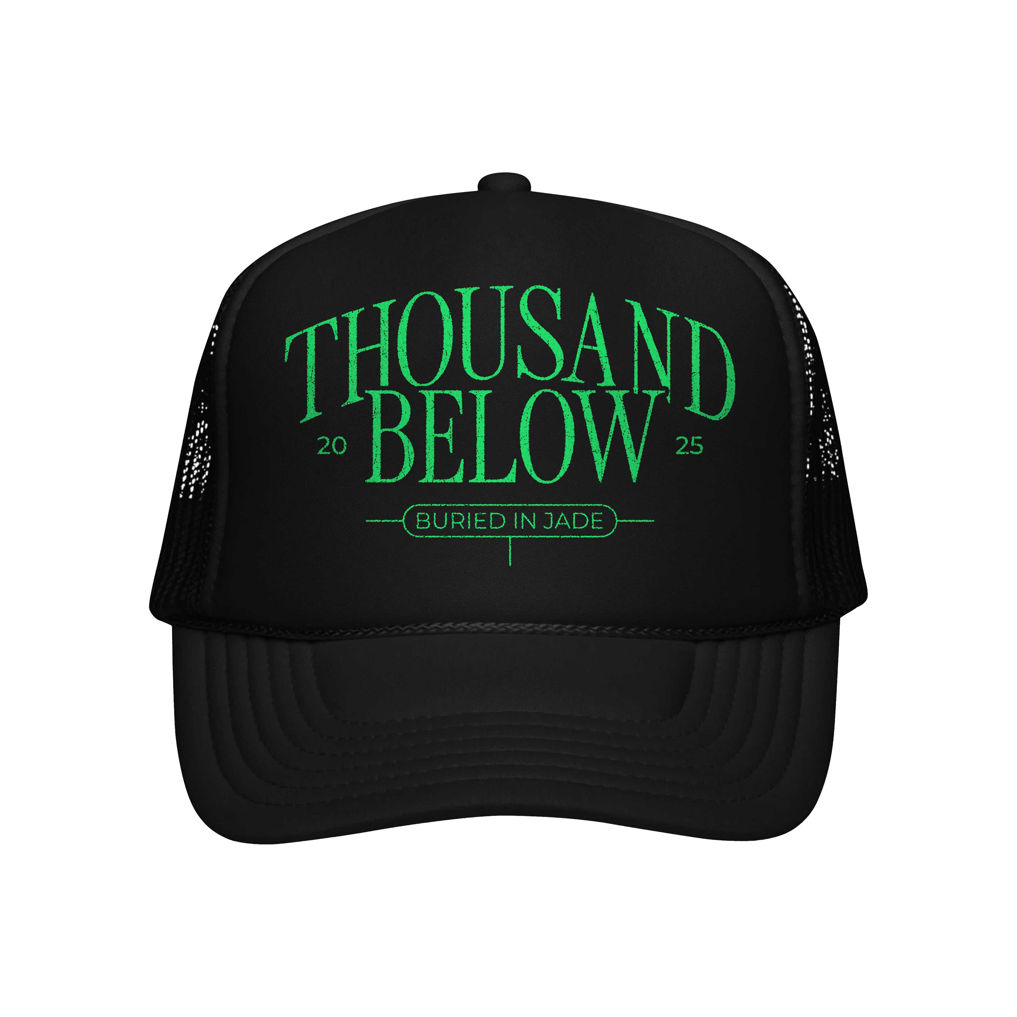 A premium black trucker hat from Thousand Below featuring green “THOUSAND BELOW 2025” and “BURIED IN JADE” text on the front—ideal for fans seeking an exclusive look during the presale.
