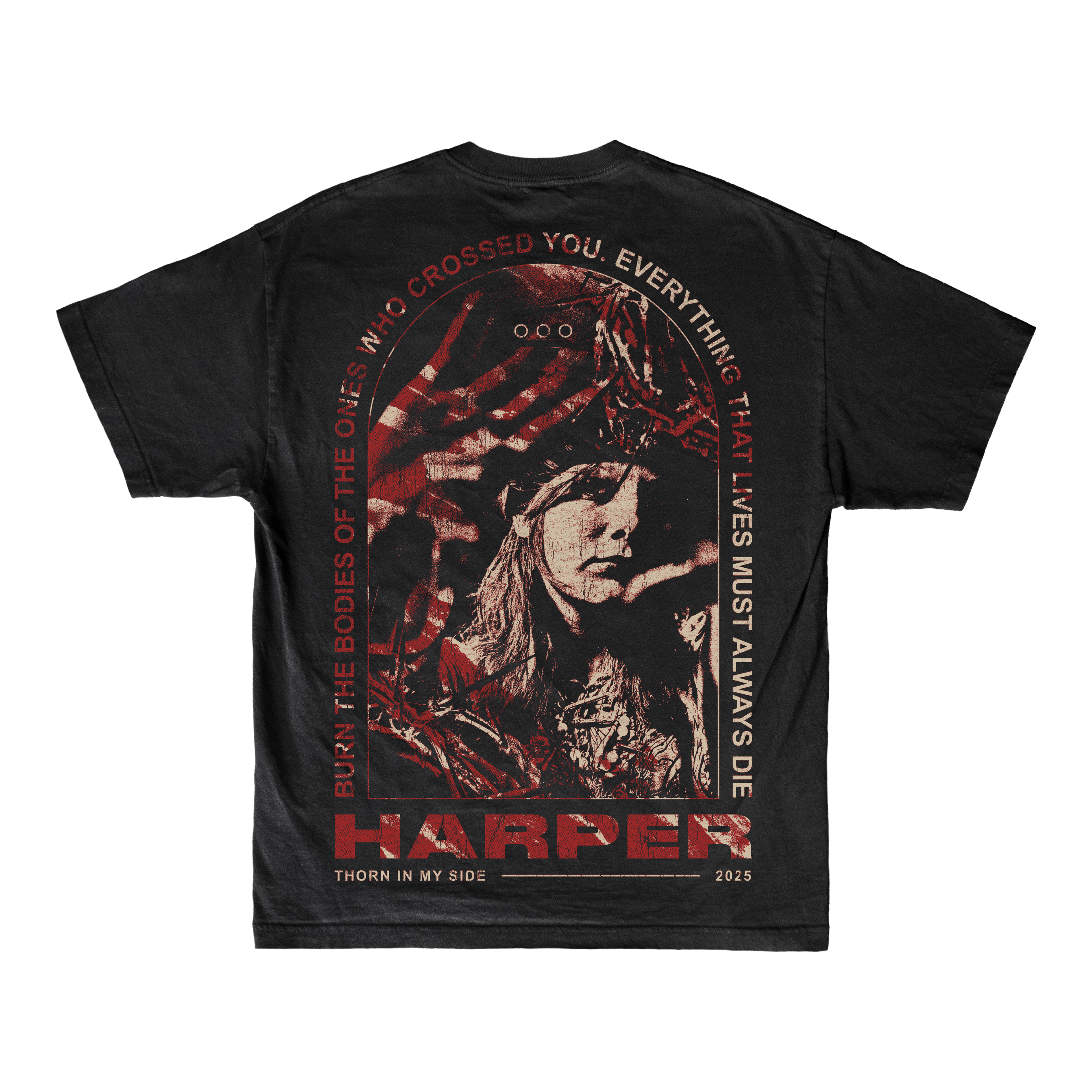 Harper relaxed-fit black T-shirt with a red-tinted graphic of a person in a headdress, bold surrounding text, “HARPER, THORN IN MY SIDE, 2025,” and made from soft ring-spun cotton.