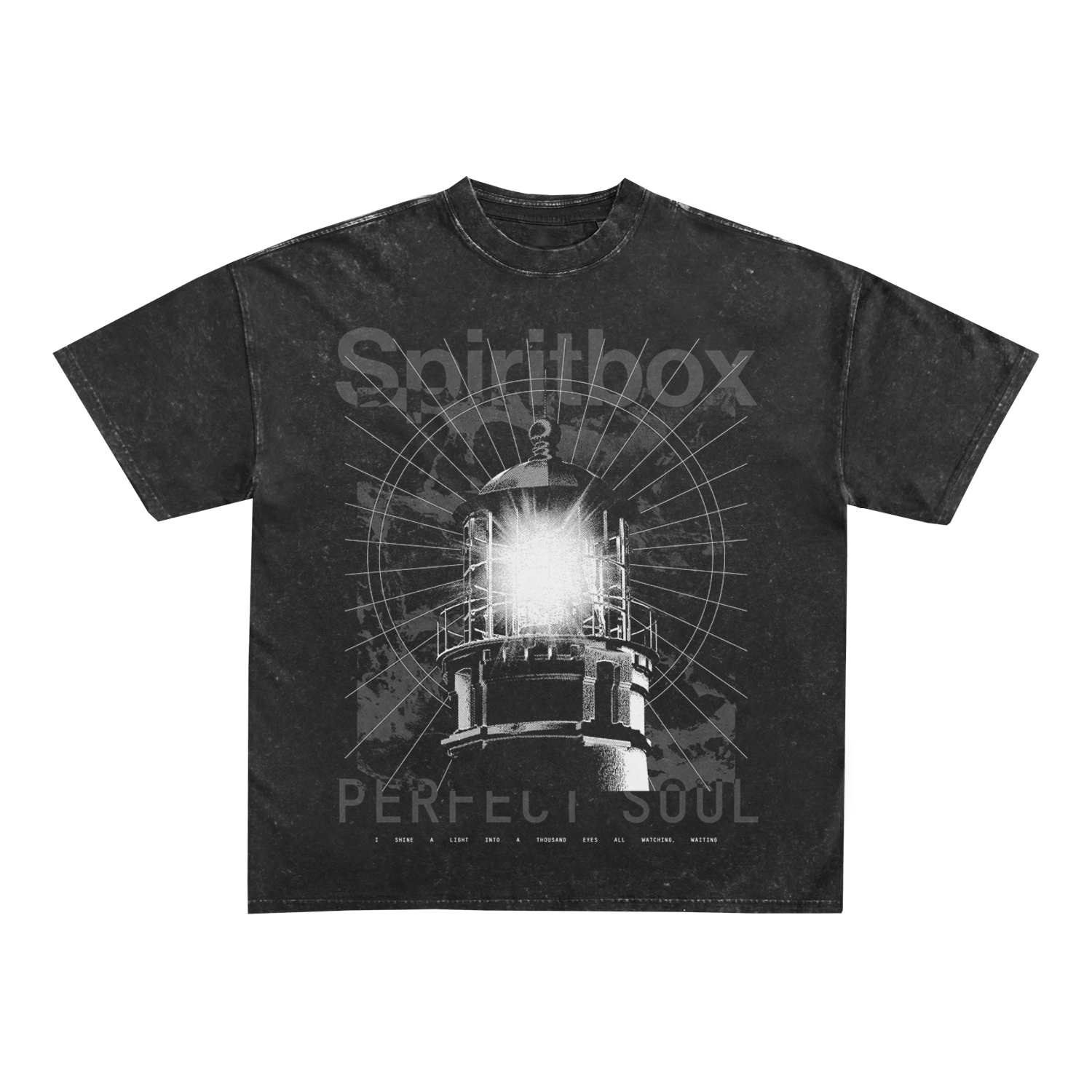 Spiritbox black t-shirt with a bold lighthouse graphic and Spiritbox text, printed on colortone fabric. "Perfect Soul" appears below in smaller text. Features a faded, distressed look for a unique style.