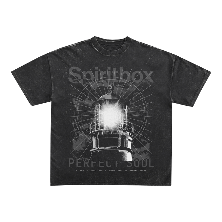 Spiritbox black t-shirt with a bold lighthouse graphic and Spiritbox text, printed on colortone fabric. "Perfect Soul" appears below in smaller text. Features a faded, distressed look for a unique style.