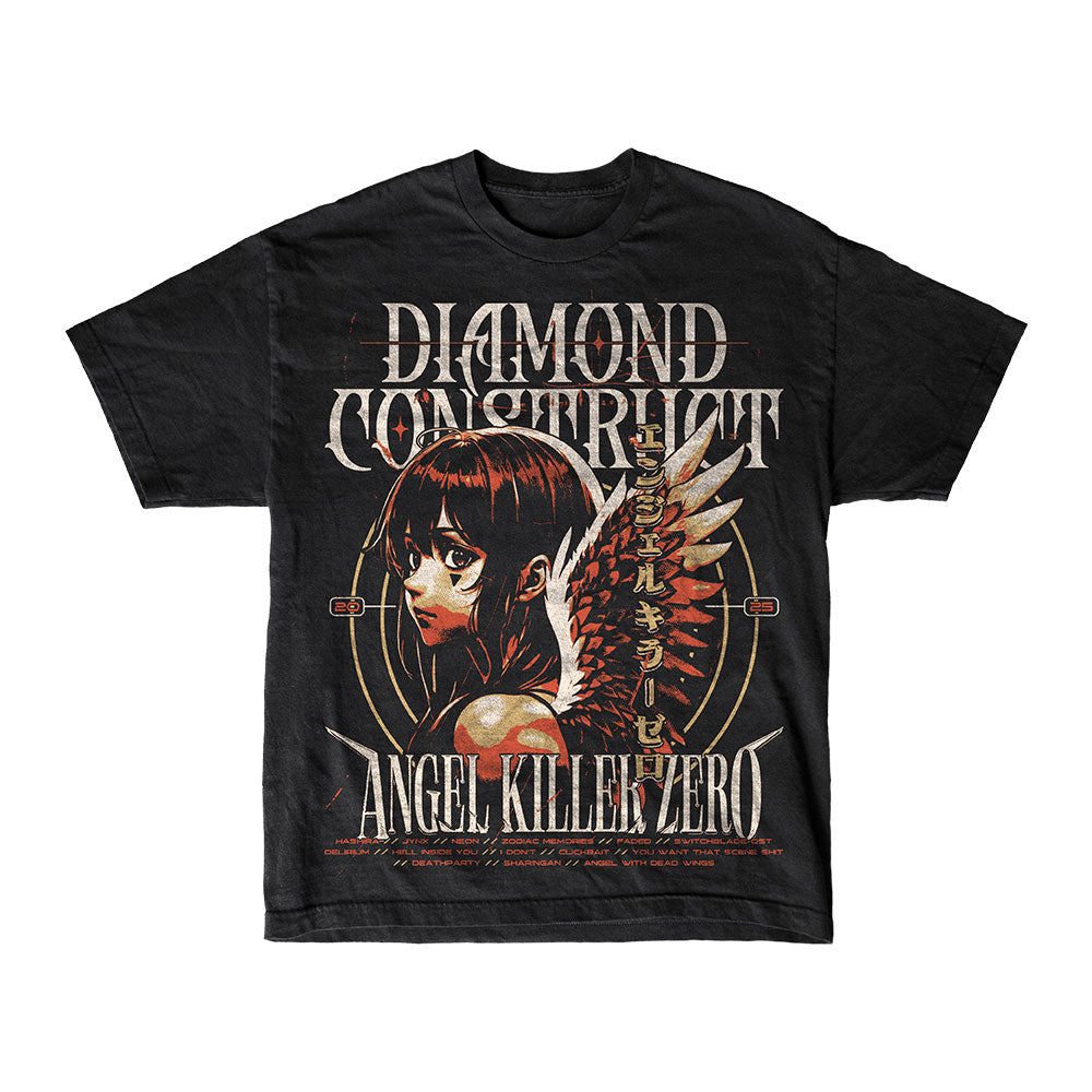Diamond Construct Band Shirt with anime-style character: dark hair, red wings, Japanese text, and bold "Diamond Construct" and "Angel Killer Zero" lettering. Ideal Track List T-Shirt for Diamond Construct fans.