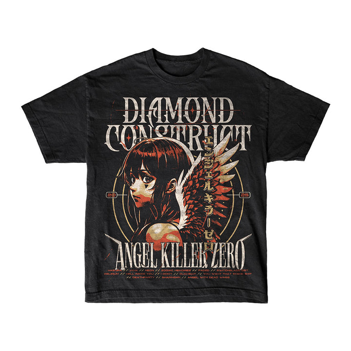 Diamond Construct Band Shirt with anime-style character: dark hair, red wings, Japanese text, and bold "Diamond Construct" and "Angel Killer Zero" lettering. Ideal Track List T-Shirt for Diamond Construct fans.