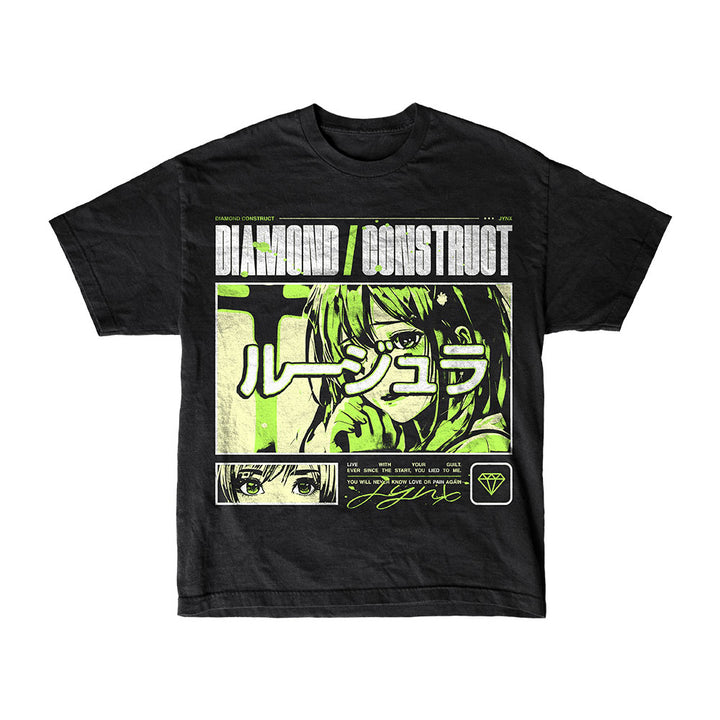 The Diamond Construct Jynx Black T-Shirt features bold band merch with a neon green and white anime-style character, Japanese text, stylized designs, a diamond icon, and illustrated eyes.