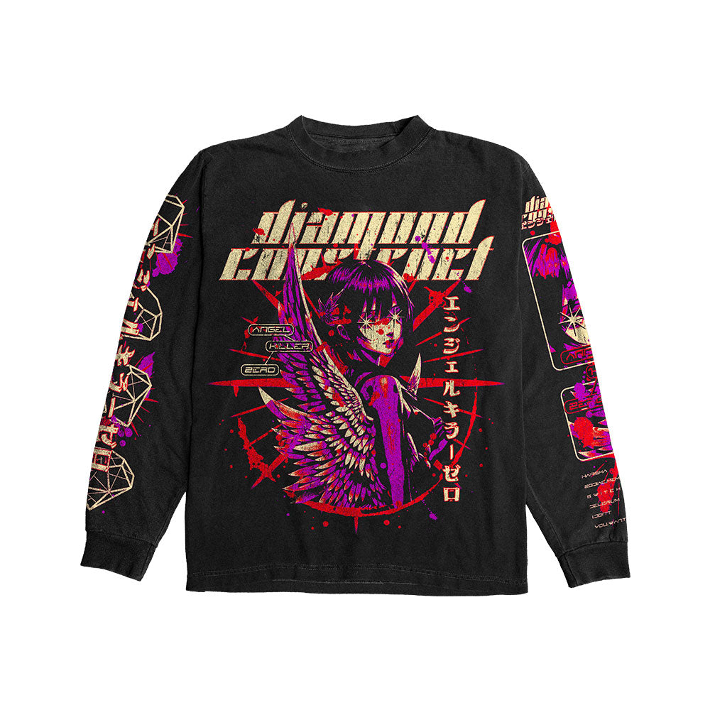A black Diamond Construct long sleeve shirt, crafted from soft airlume combed cotton, features vibrant anime-style winged character art on the front, gold and red text, and purple, gold, and red geometric designs on the sleeves.