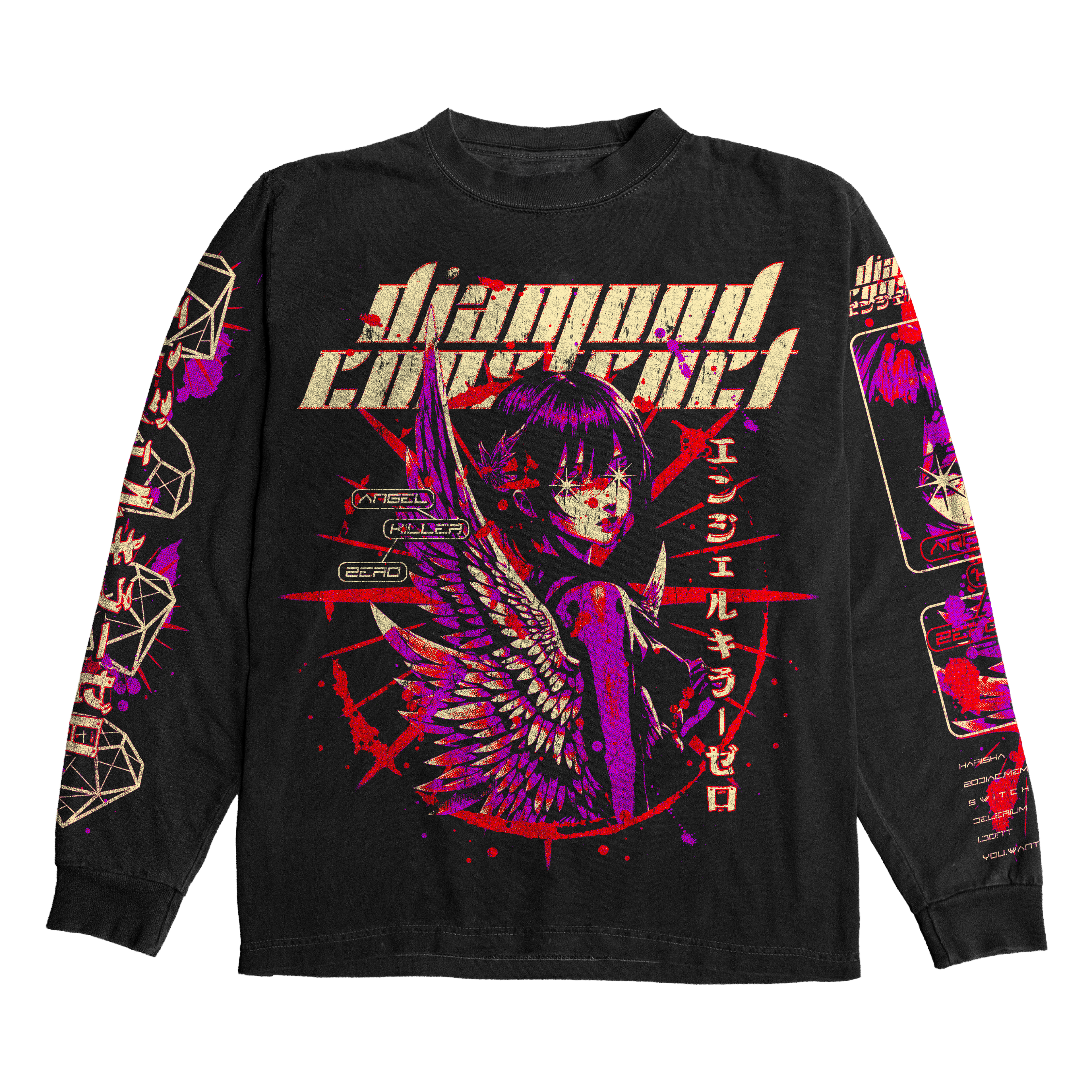 Diamond Construct black long-sleeve shirt crafted from pre-shrunk 100% cotton Bella + Canvas, featuring a winged anime-style graphic, red and purple accents, diamond conflict text, Japanese characters, and geometric sleeve designs.