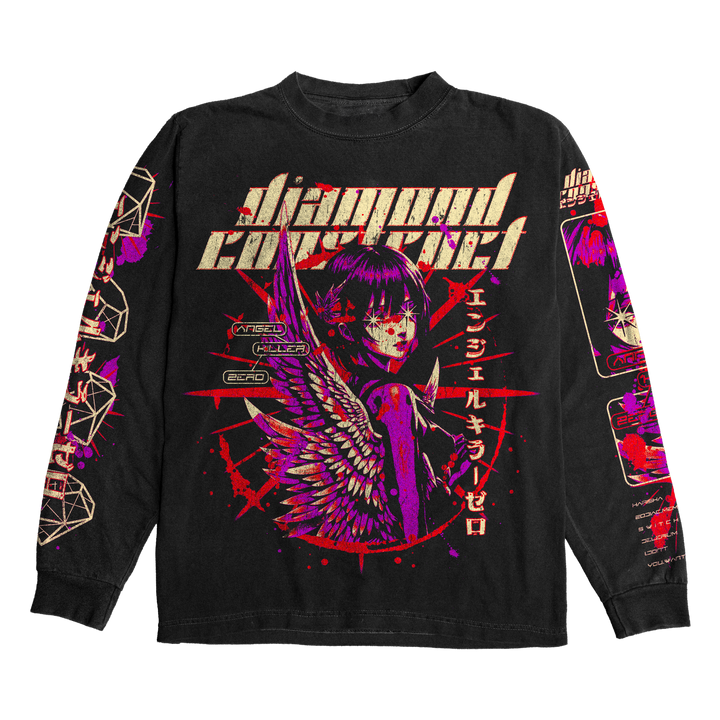 Diamond Construct black long-sleeve shirt crafted from pre-shrunk 100% cotton Bella + Canvas, featuring a winged anime-style graphic, red and purple accents, diamond conflict text, Japanese characters, and geometric sleeve designs.