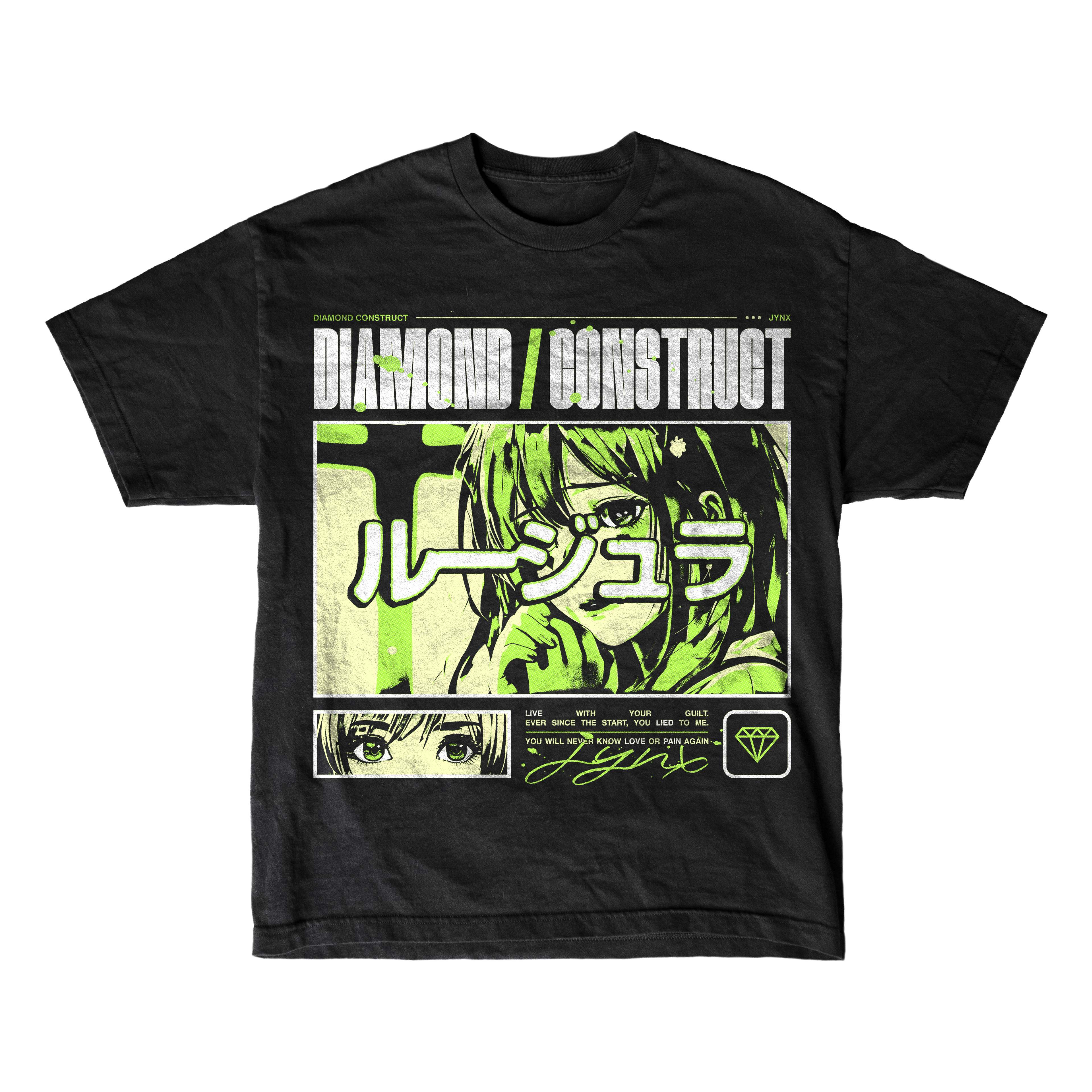 Black unisex t-shirt by Diamond Construct features neon green anime-style art of a girl with glasses, Japanese text, and DIAMOND / CONSTRUCT across the top. Made from soft 100% cotton Bella + Canvas for comfort and style.