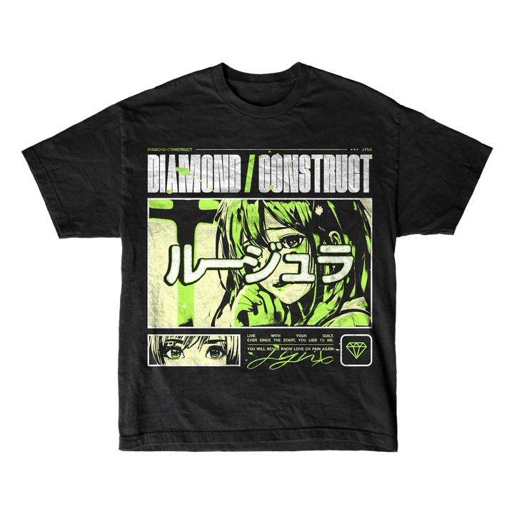 Black unisex t-shirt by Diamond Construct features neon green anime-style art of a girl with glasses, Japanese text, and DIAMOND / CONSTRUCT across the top. Made from soft 100% cotton Bella + Canvas for comfort and style.