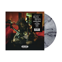A marbled gray Combo Vinyl LP by Holy Wars, partially out of its cover, features a spiked dark figure with knives at a candle-lit table. The cover reads "Holy Liars SHADOW WORK" with a Parental Advisory label. Ideal for Shadow Work/Light Work fans.