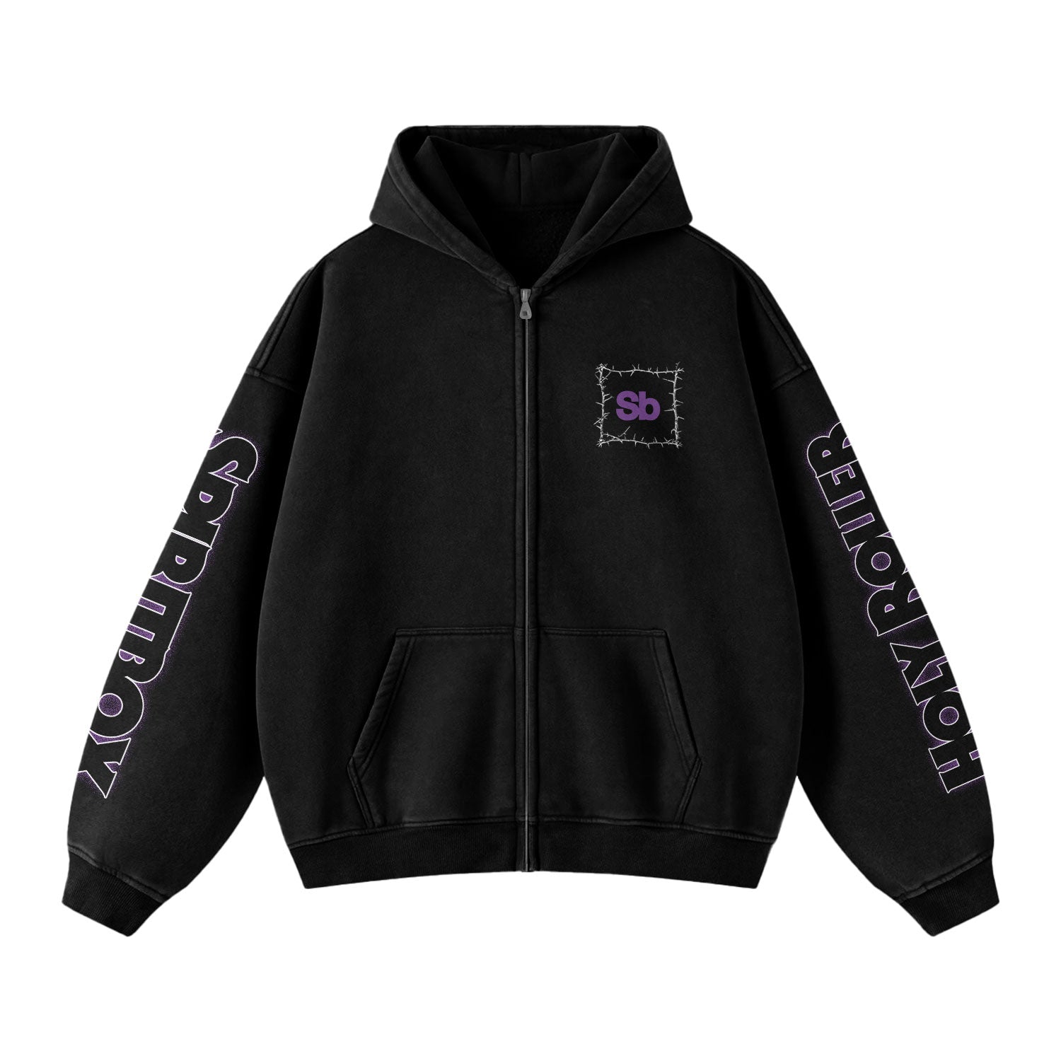 Spiritbox black zip-up ring-spun cotton hoodie with SPRAY BOY in purple on the right sleeve, HOLY ROUTER on the left, and a purple sb logo in a barbed wire design on the chest. Fleece lined hood for comfort.