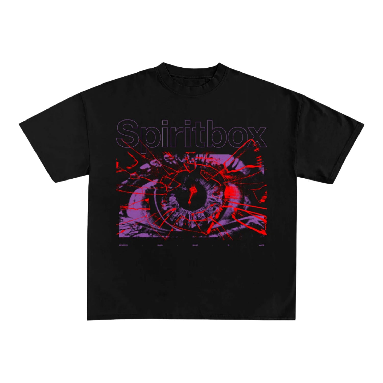 The Spiritbox black t-shirt is garment-dyed cotton with large purple Spiritbox text above an abstract, colorful eye featuring red and purple digital effects. Printed using OEKO-TEX certified dyes for top quality and comfort.