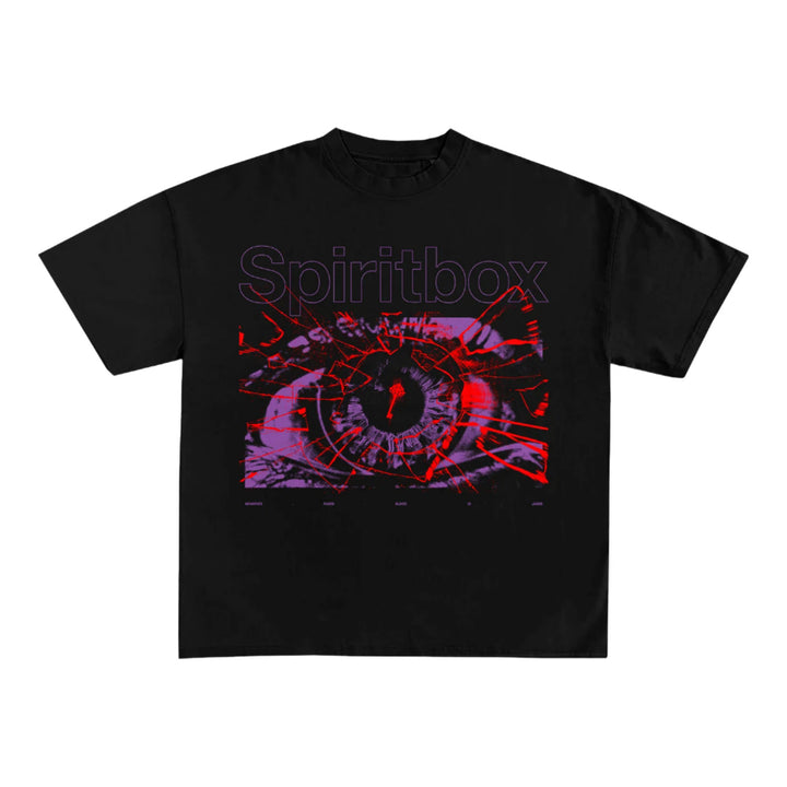 The Spiritbox black t-shirt is garment-dyed cotton with large purple Spiritbox text above an abstract, colorful eye featuring red and purple digital effects. Printed using OEKO-TEX certified dyes for top quality and comfort.