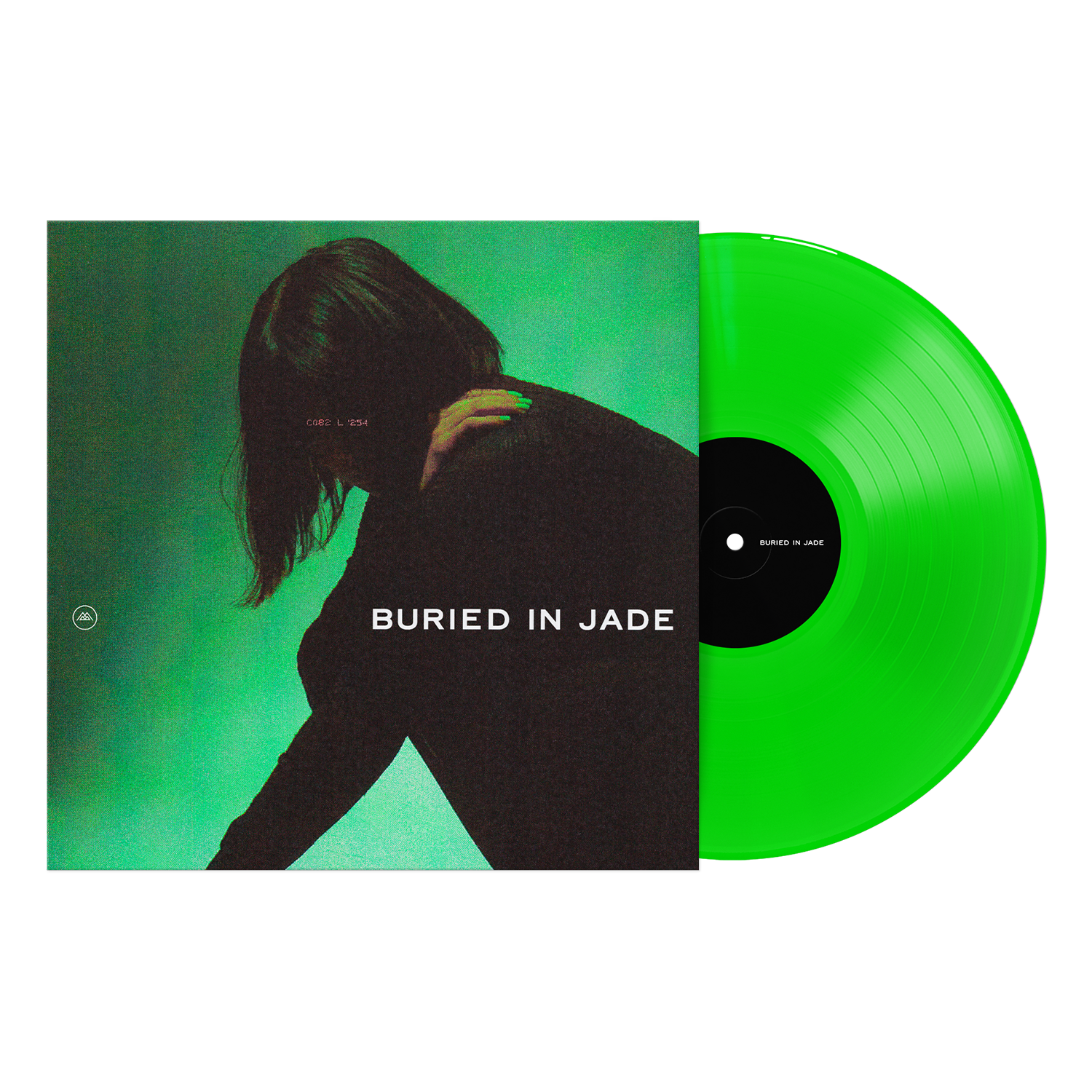 A Neon Green Vinyl LP by Thousand Below rests next to its album cover, featuring a shadowy figure on green with BURIED IN JADE in bold white letters. Available now for presale.