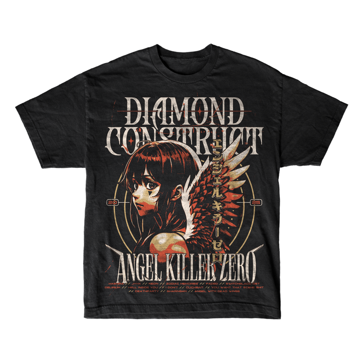 Diamond Construct black garment-dyed tee with anime-style girl and red wings, DIAMOND CONSTRUCT above, ANGEL KILLER ZERO below, and Japanese characters beside the art. Relaxed fit.