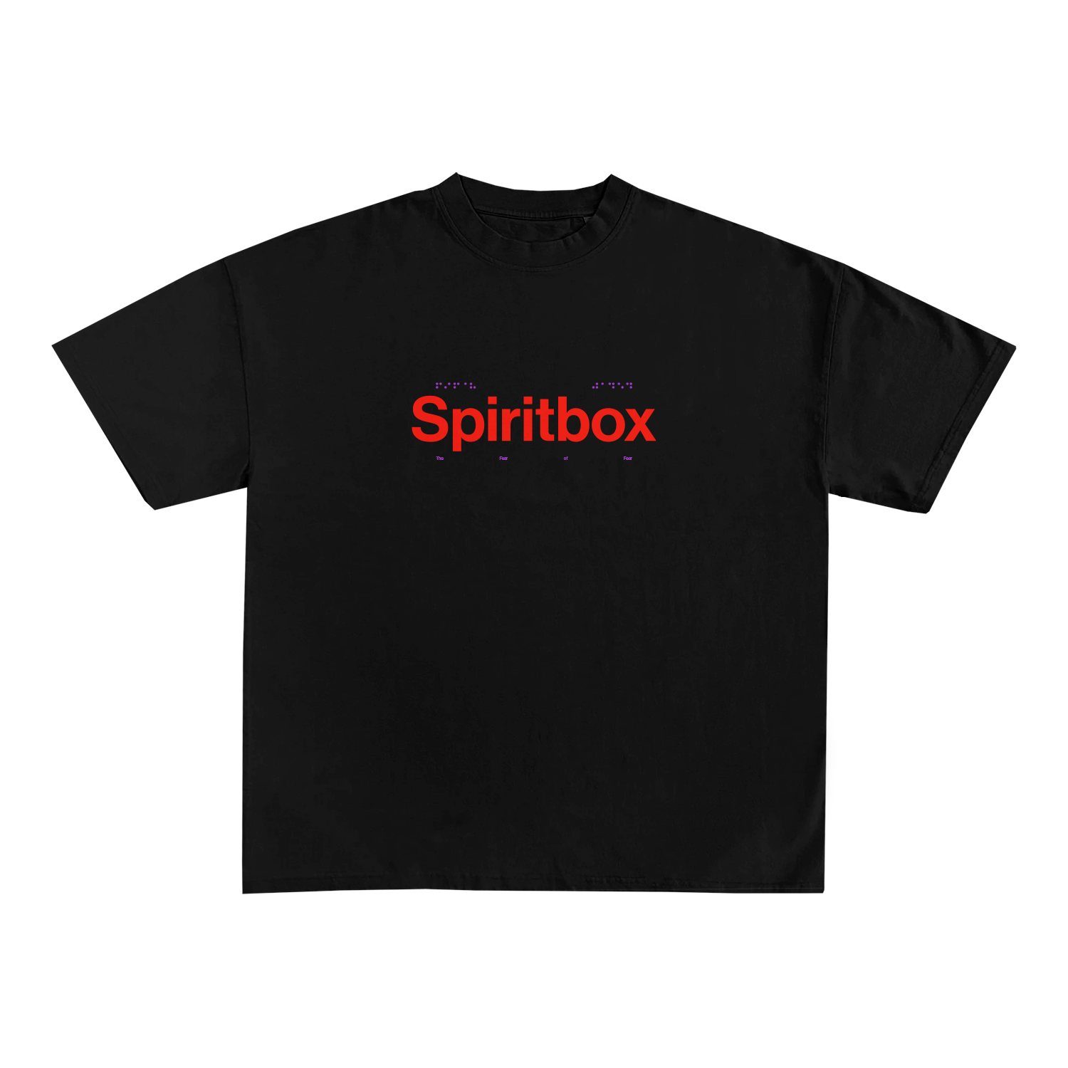 A black Spiritbox Comfort Colors t-shirt with bold red "Spiritbox" lettering centered on the chest, accented by small purple and red symbols above and below—a striking piece for fans of printed garments.