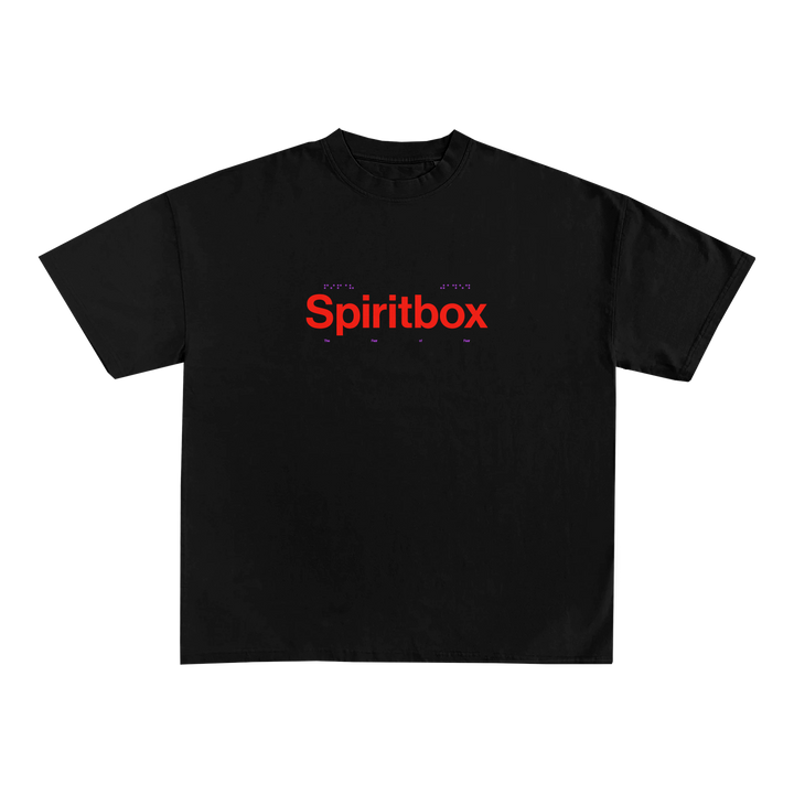 A black Spiritbox Comfort Colors t-shirt with bold red "Spiritbox" lettering centered on the chest, accented by small purple and red symbols above and below—a striking piece for fans of printed garments.