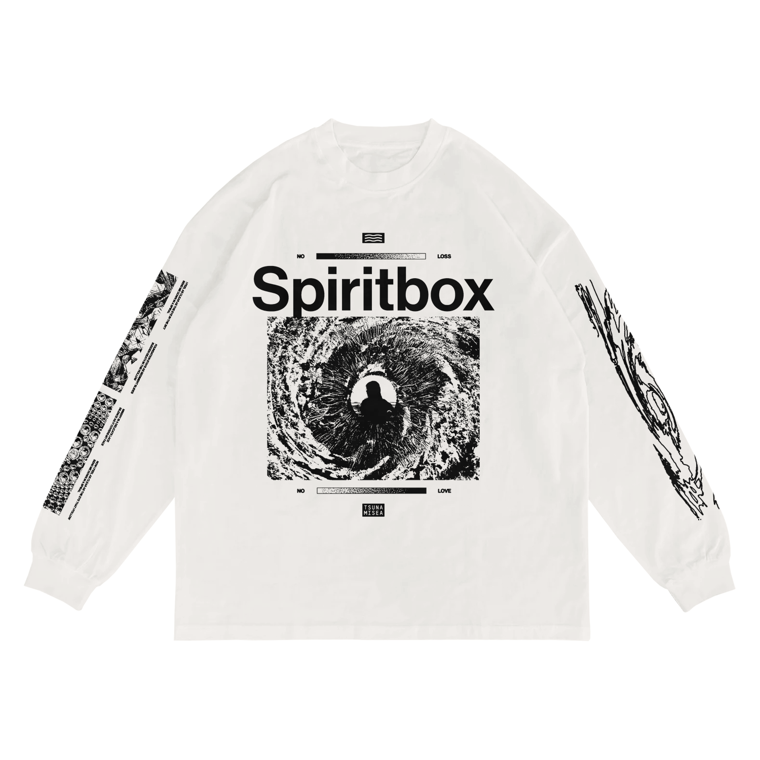 A white SHAKAWEAR long-sleeve by Spiritbox with bold black Spiritbox text above a tunnel silhouette graphic, plus black sleeve graphics and small front text details.