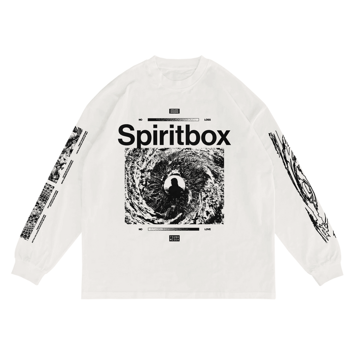 A white SHAKAWEAR long-sleeve by Spiritbox with bold black Spiritbox text above a tunnel silhouette graphic, plus black sleeve graphics and small front text details.