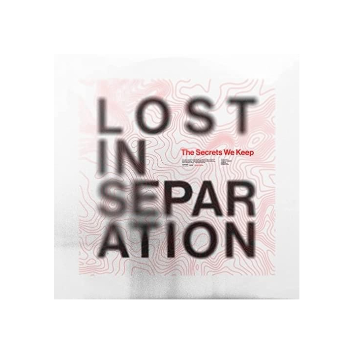 A square graphic with bold, blurred text reading Lost In Separation over a faint pink contour map background. Smaller red text says Lost In Separation: The Secrets We Keep above the word SEPARATION.