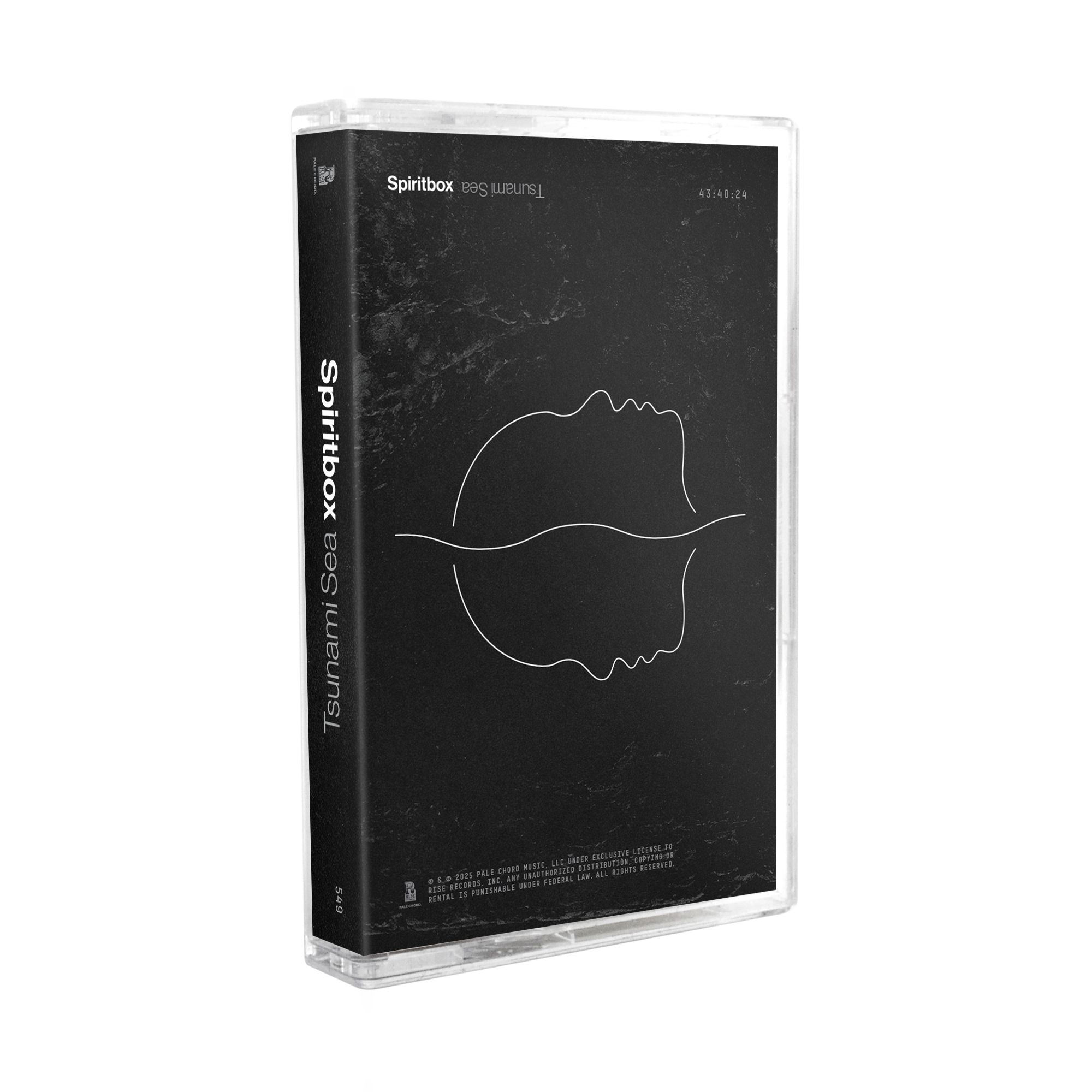 A Black Liner cassette tape of Spiritbox’s “Turnin’ Blue” album features a minimalist black cover with two white outlined profiles facing each other and the white title on the spine. Brand: Spiritbox.