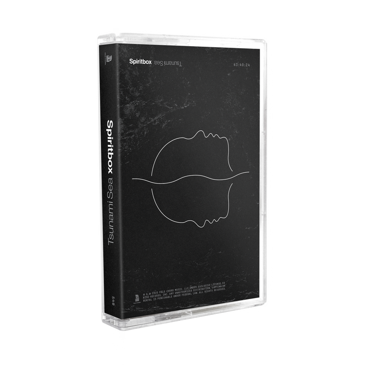A Black Liner cassette tape of Spiritbox’s “Turnin’ Blue” album features a minimalist black cover with two white outlined profiles facing each other and the white title on the spine. Brand: Spiritbox.