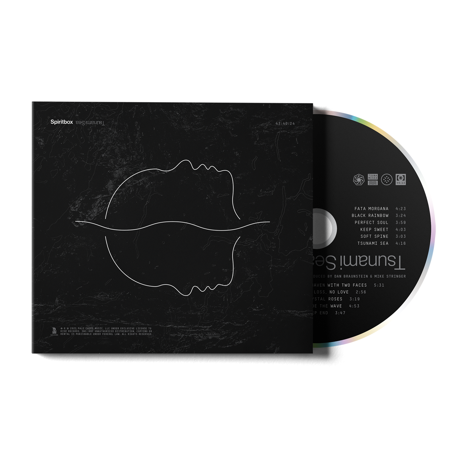 The Spiritbox CD case and disc feature minimalist white outlines of overlapping faces on a black background. The back displays the track list, including Tsunami Sea, while the CD shows a partial list and abstract design.