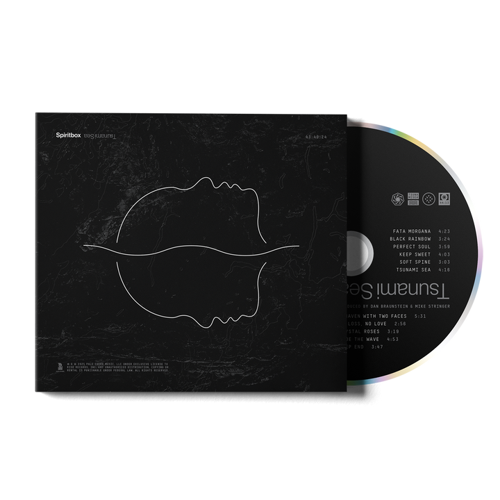 The Spiritbox CD case and disc feature minimalist white outlines of overlapping faces on a black background. The back displays the track list, including Tsunami Sea, while the CD shows a partial list and abstract design.