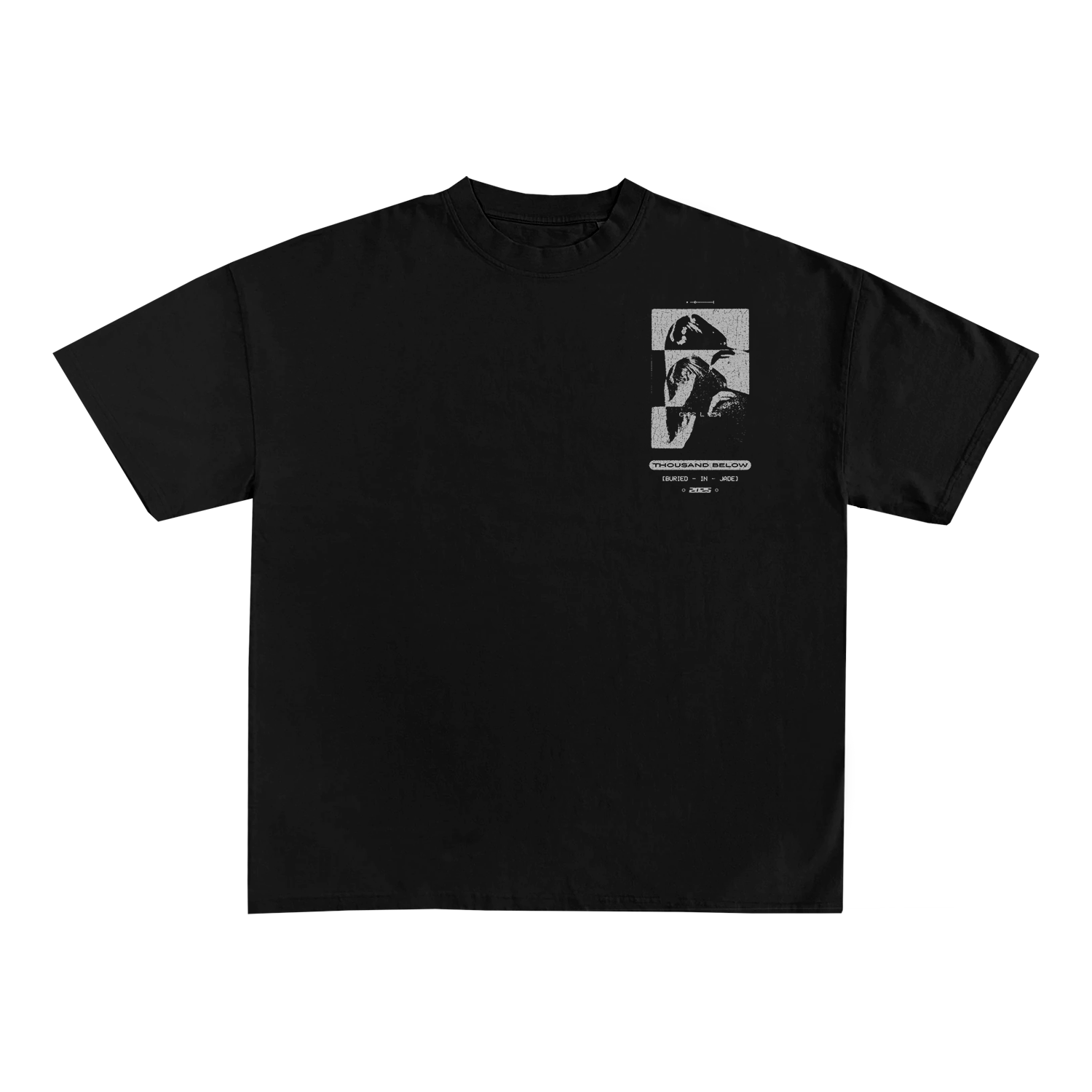 Black t-shirt by Thousand Below featuring two grayscale images of a persons face near the left chest, with small white text beneath them. The rest of this high-quality item is plain. Now available for presale.