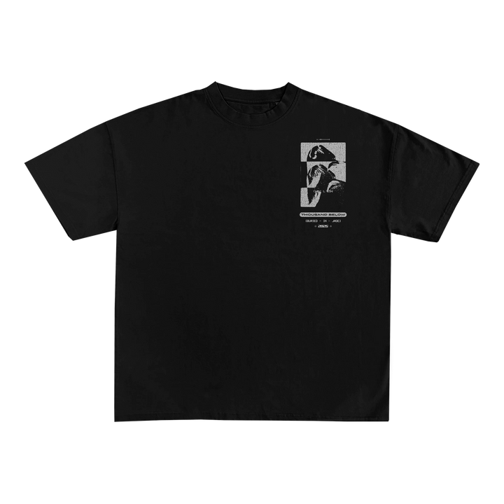 Black t-shirt by Thousand Below featuring two grayscale images of a persons face near the left chest, with small white text beneath them. The rest of this high-quality item is plain. Now available for presale.