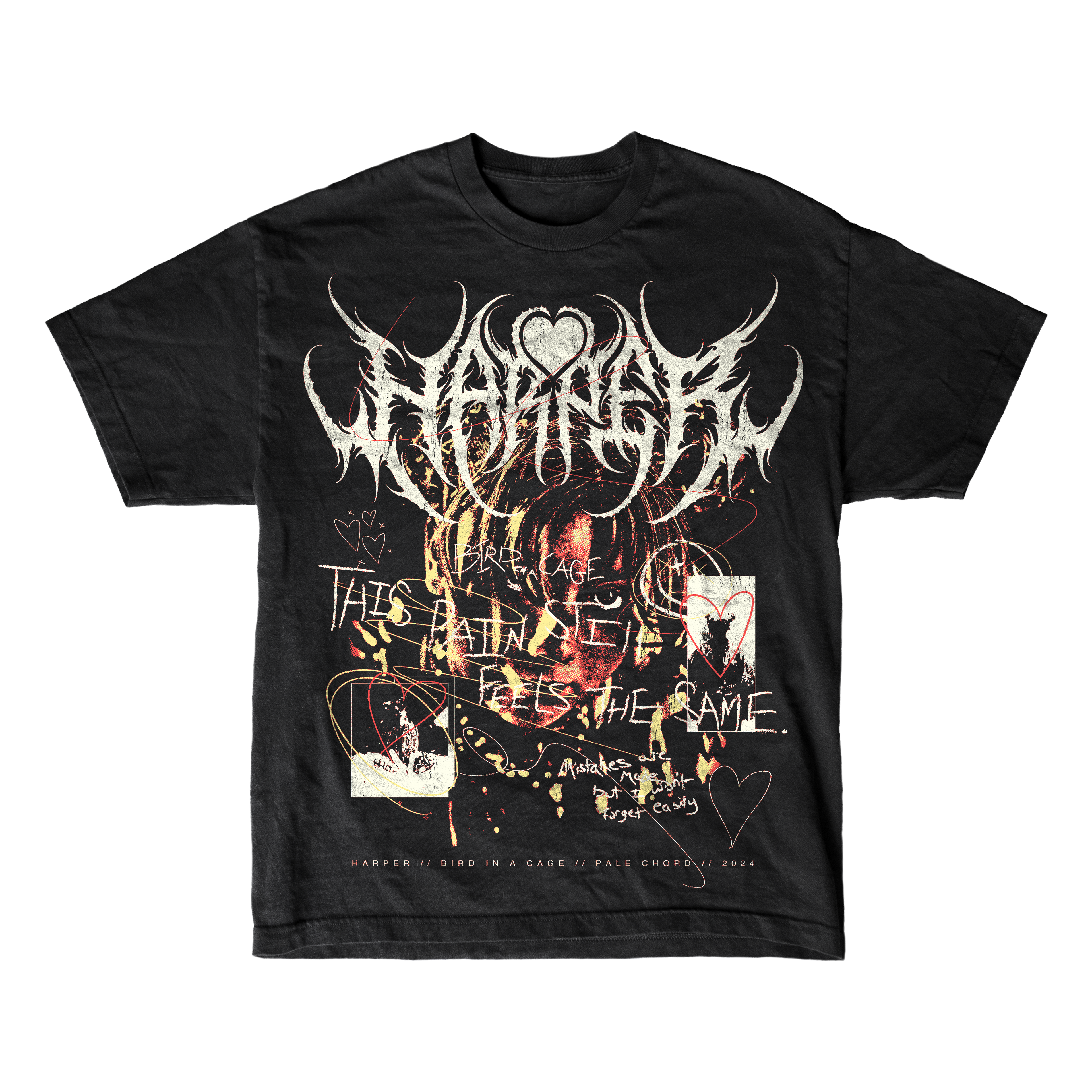 Harper men’s black graphic tee in soft ring-spun cotton, with chaotic white/red artwork, handwritten “THIS PAIN FEELS THE SAME.” text, hearts, and distorted faces. A heart sits above the main stylized print.