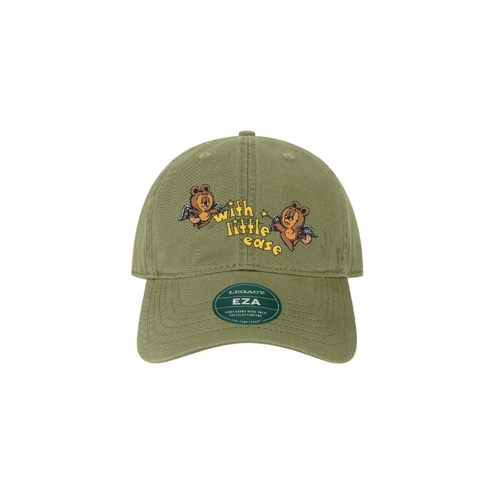 Saint Blonde olive green Legacy hat with embroidered cartoon bears and "with little ease" on the front, shown on a white background. Features a green sticker on the brim and is available for presale.