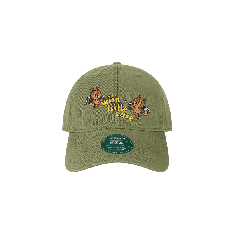 Saint Blonde olive green Legacy hat with embroidered cartoon bears and "with little ease" on the front, shown on a white background. Features a green sticker on the brim and is available for presale.