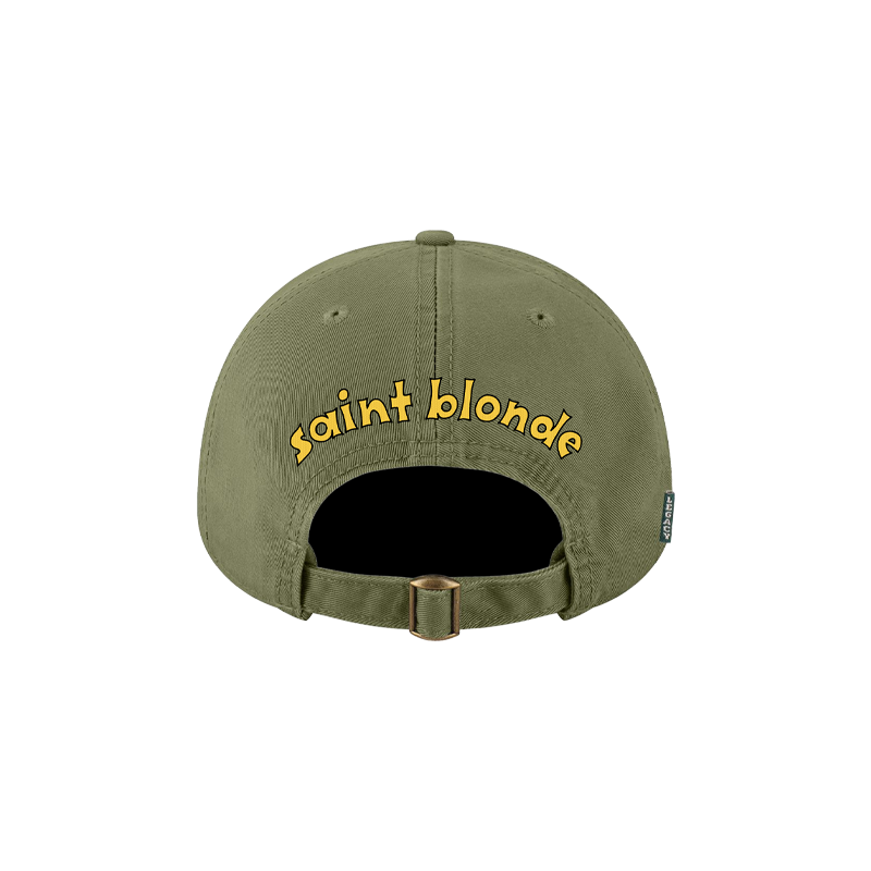 Saint Blonde Legacy hat in olive green, shown from the back with "saint blonde" embroidered in playful yellow lowercase lettering above the adjustable strap. Available now for presale.