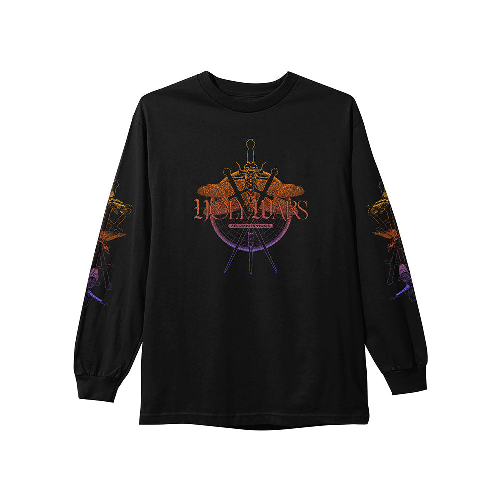 Holy Wars black long sleeve shirt with a bold Metamorphosis-inspired swords and wings graphic, HOLYWARS across the chest, and matching sleeve designs. Shown on a plain white background.