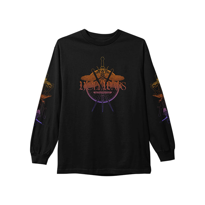 Holy Wars black long sleeve shirt with a bold Metamorphosis-inspired swords and wings graphic, HOLYWARS across the chest, and matching sleeve designs. Shown on a plain white background.
