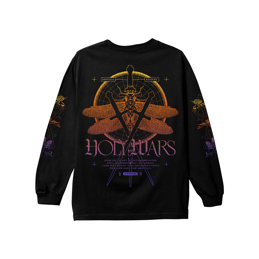 Holy Wars black long sleeve shirt with vibrant artwork on the back—crossed swords, a dragonfly for metamorphosis, bold HOLYWARS text, extra smaller text details, and decorative designs on the sleeves.