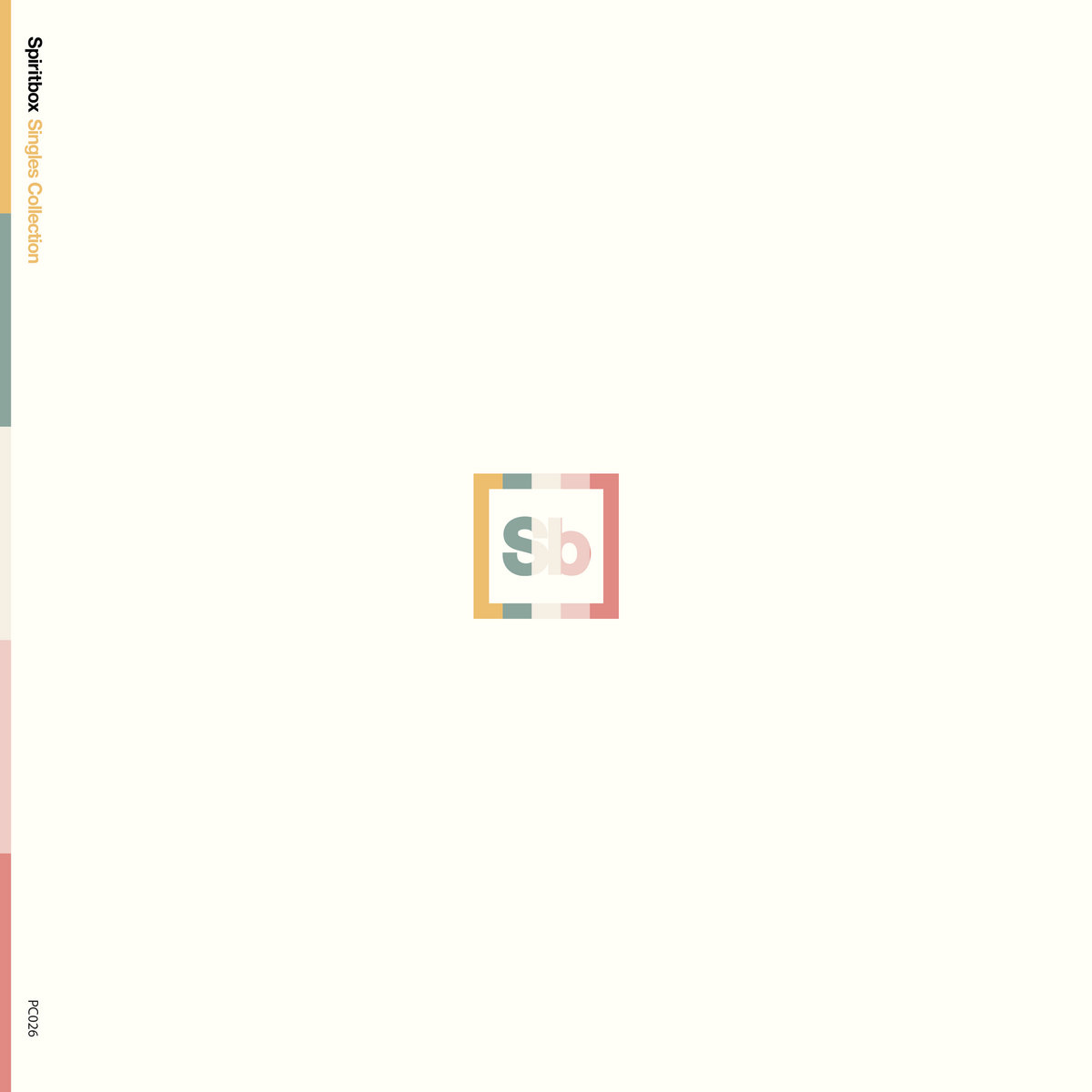 Minimalist design with a centered, multicolored sb logo inside a square. On the left side, vertical text reads Spinbox: Singles Collection and FOOLS, with pastel color bars at the top, middle, and bottom edges.