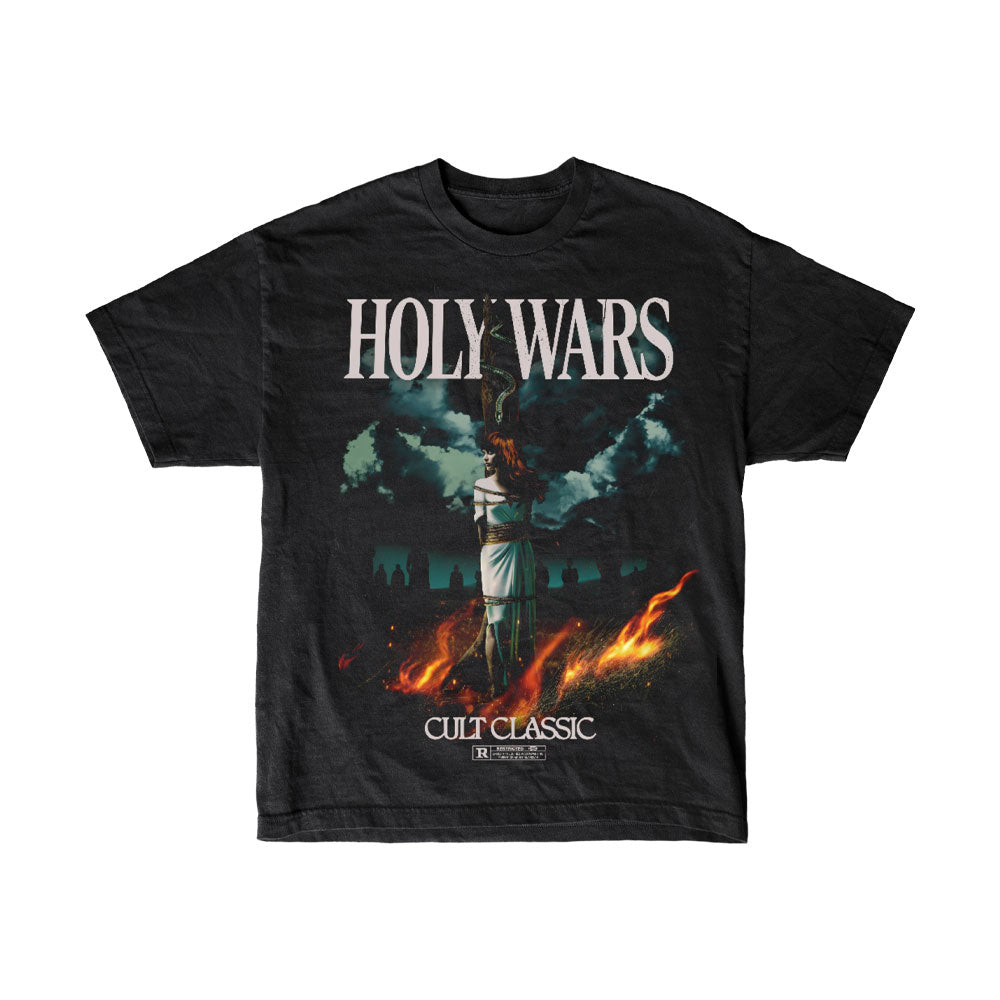 This black Holy Wars T-shirt features "HOLY WARS" at the top, a dramatic statue in flames and smoke, and "CULT CLASSIC" boldly printed at the bottom.