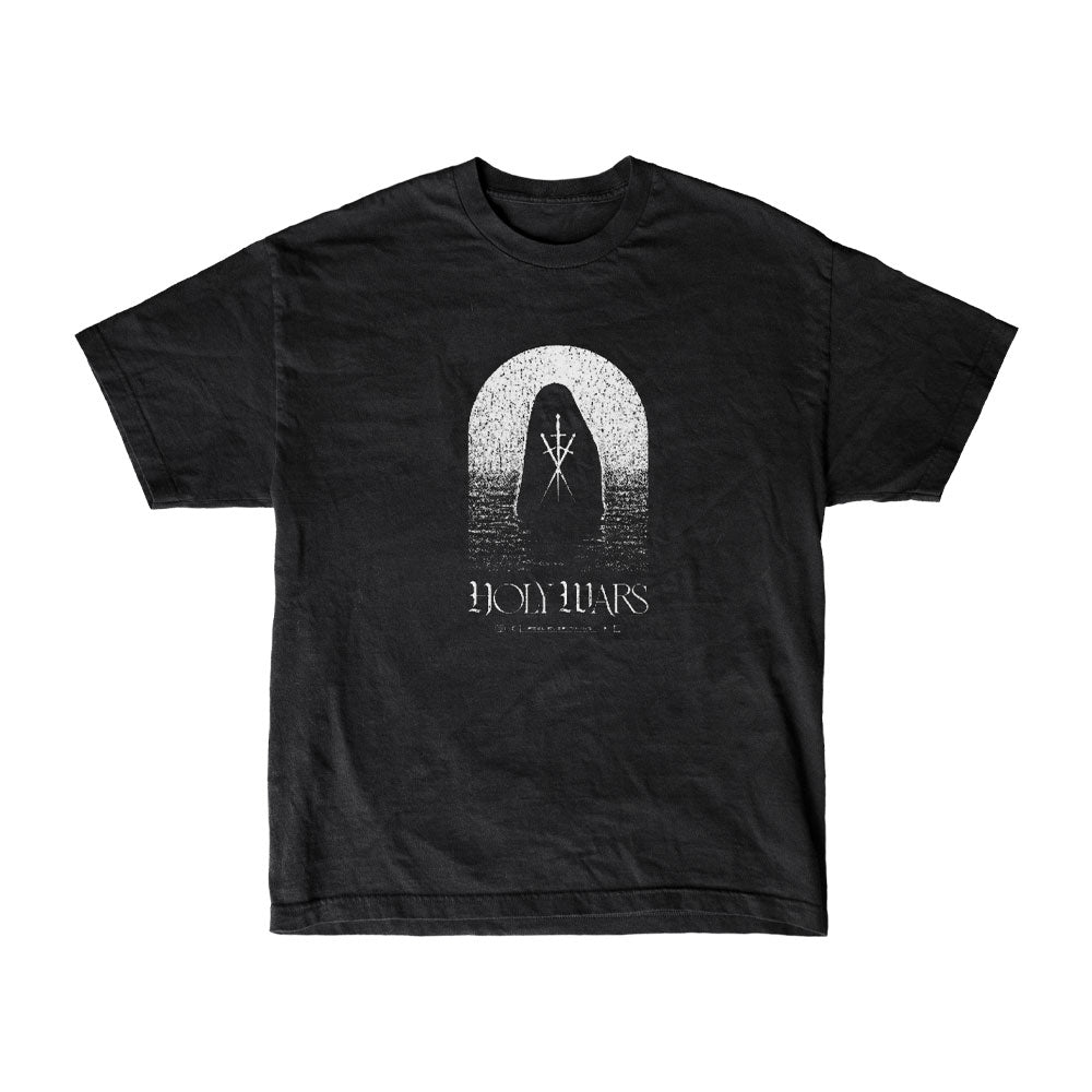 Holy Wars black T-Shirt with a white graphic of a hooded figure holding a staff in water under an arch. Features “HOLY WARS” text and "I Feel Everything" in smaller print below.