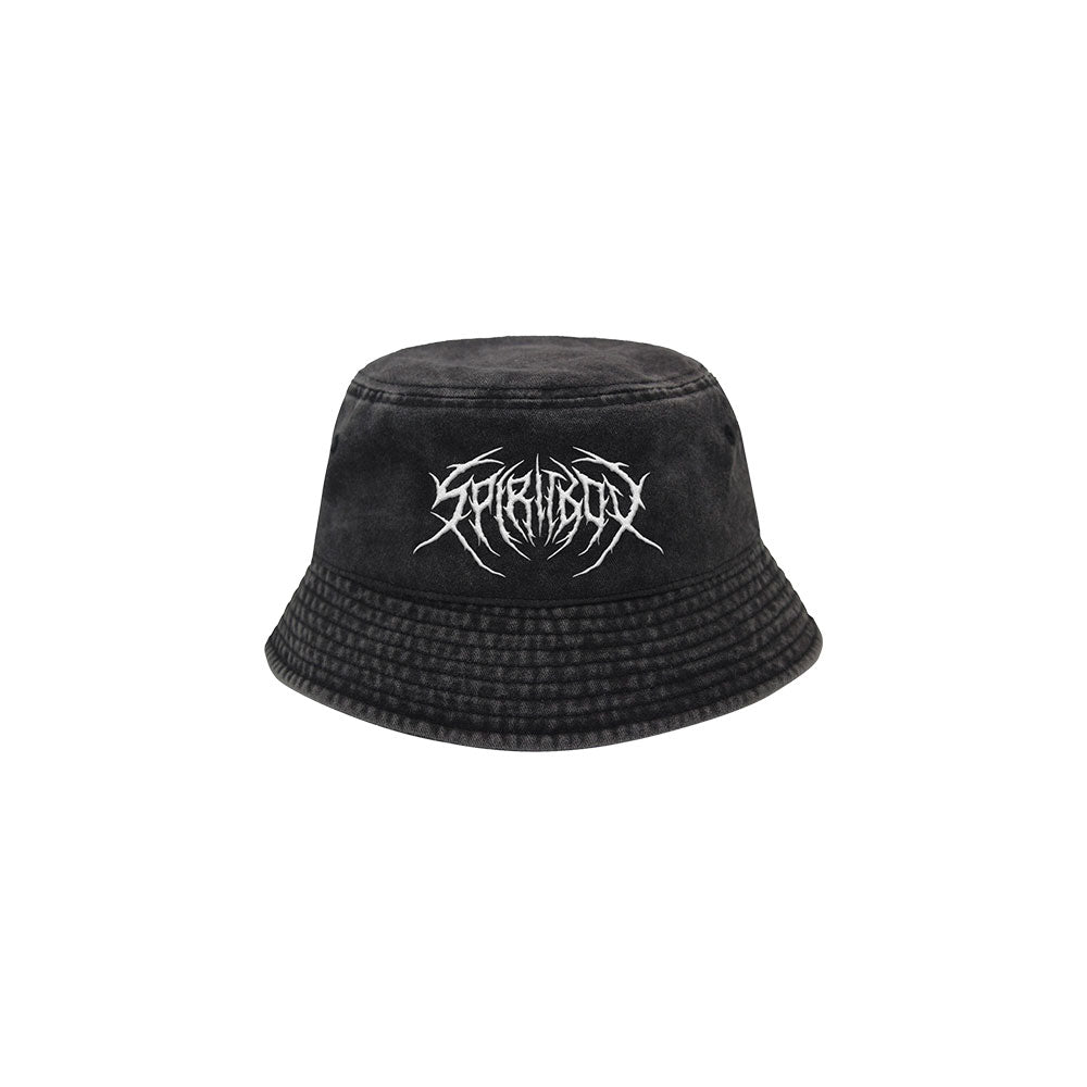 A black Spiritbox Death Metal Hat bucket hat with a white, stylized, jagged logo on the front, shown against a plain white background.