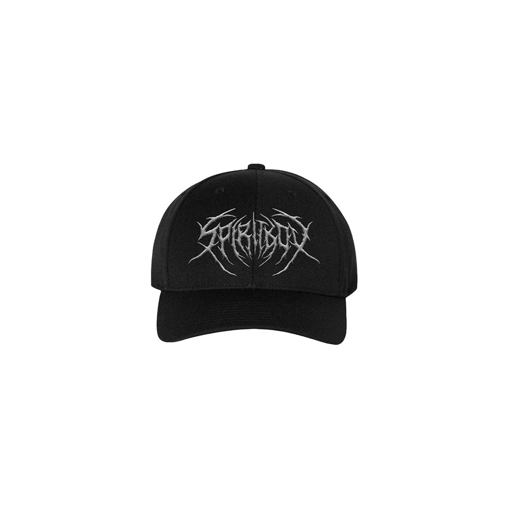 Black Snap Back baseball cap by Spiritbox, featuring an intricate silver spiky logo on the front reminiscent of Death Metal band emblems. Displayed against a plain white background.